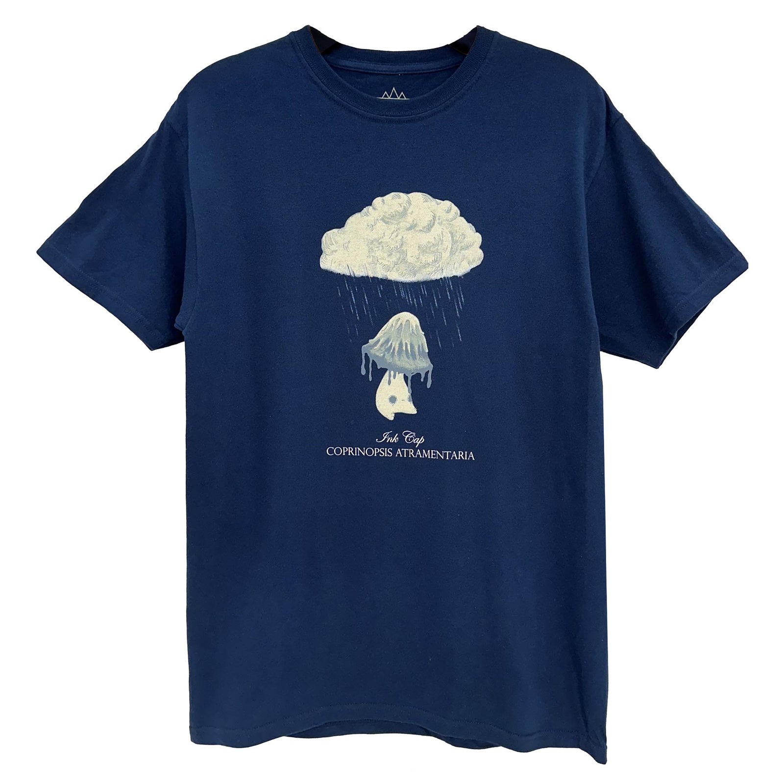 Altru Apparel Ink Cap (Coprinopsis Atramentaria) printed on Navy tee. Front image.