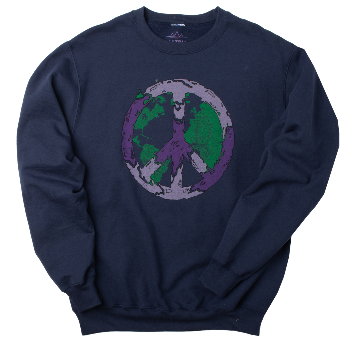 Full front photo of sweatshirt. Peace vibes fleece sweatshirt of Earth covered with the peace sign. Screen printed graphic on front of comfortable navy-blue super soft fleece.