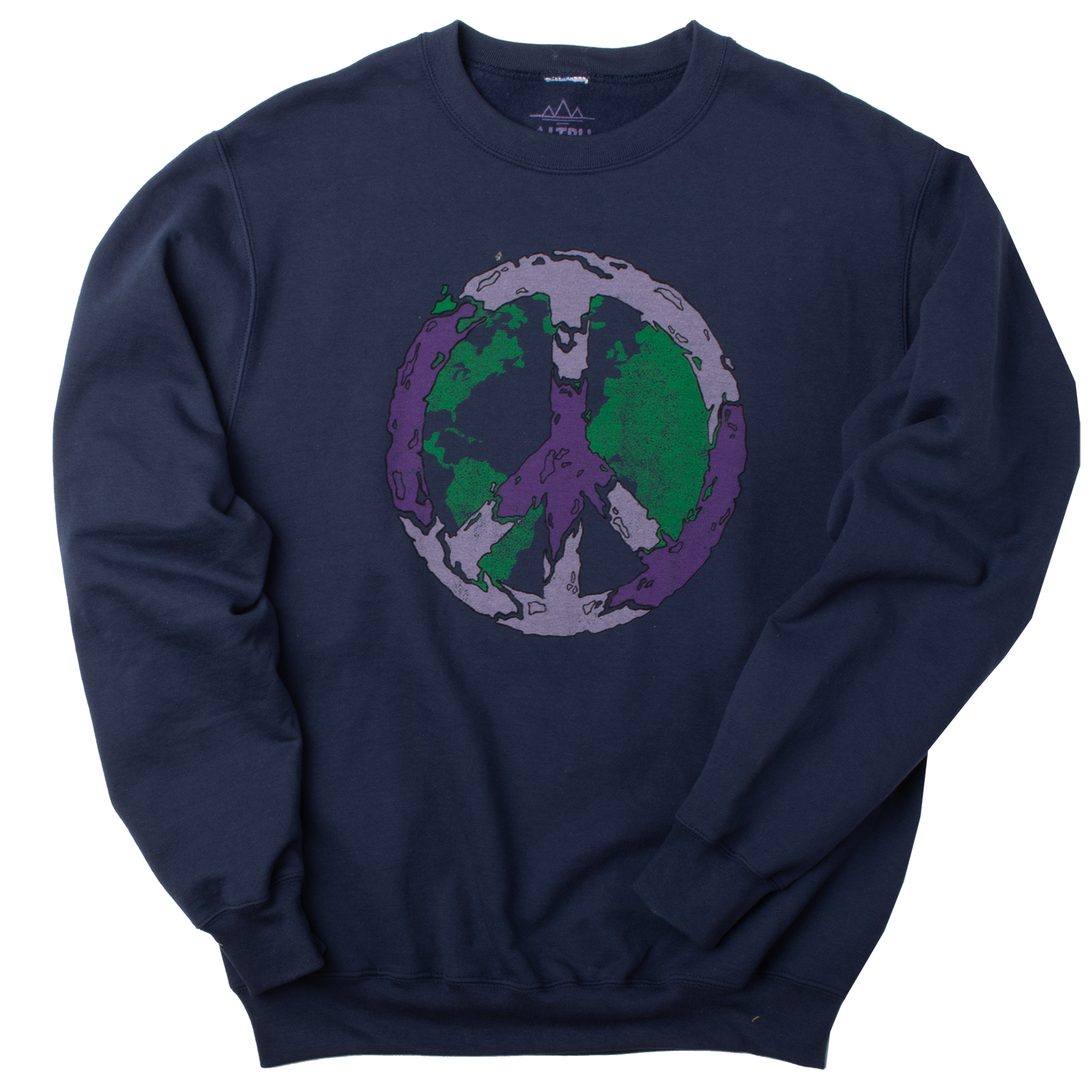 Full front photo of sweatshirt. Peace vibes fleece sweatshirt of Earth covered with the peace sign. Screen printed graphic on front of comfortable navy-blue super soft fleece.