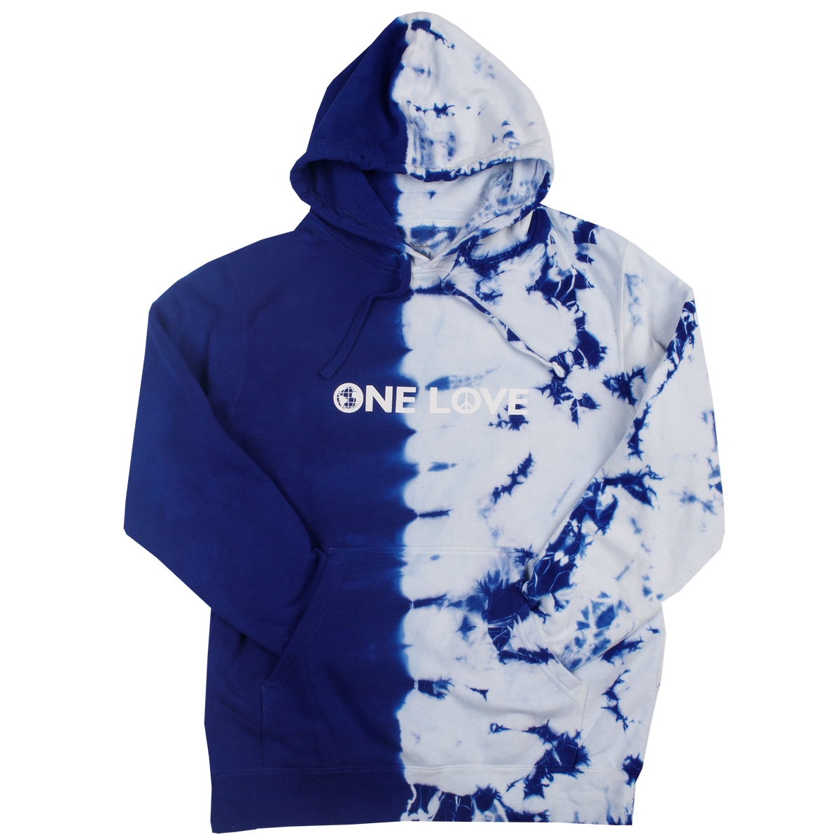 Full front photo of Asymmetrical half tie-dyed blue, white hoodie. The &quot;ONELOVE&quot; text is printed with high density ink.