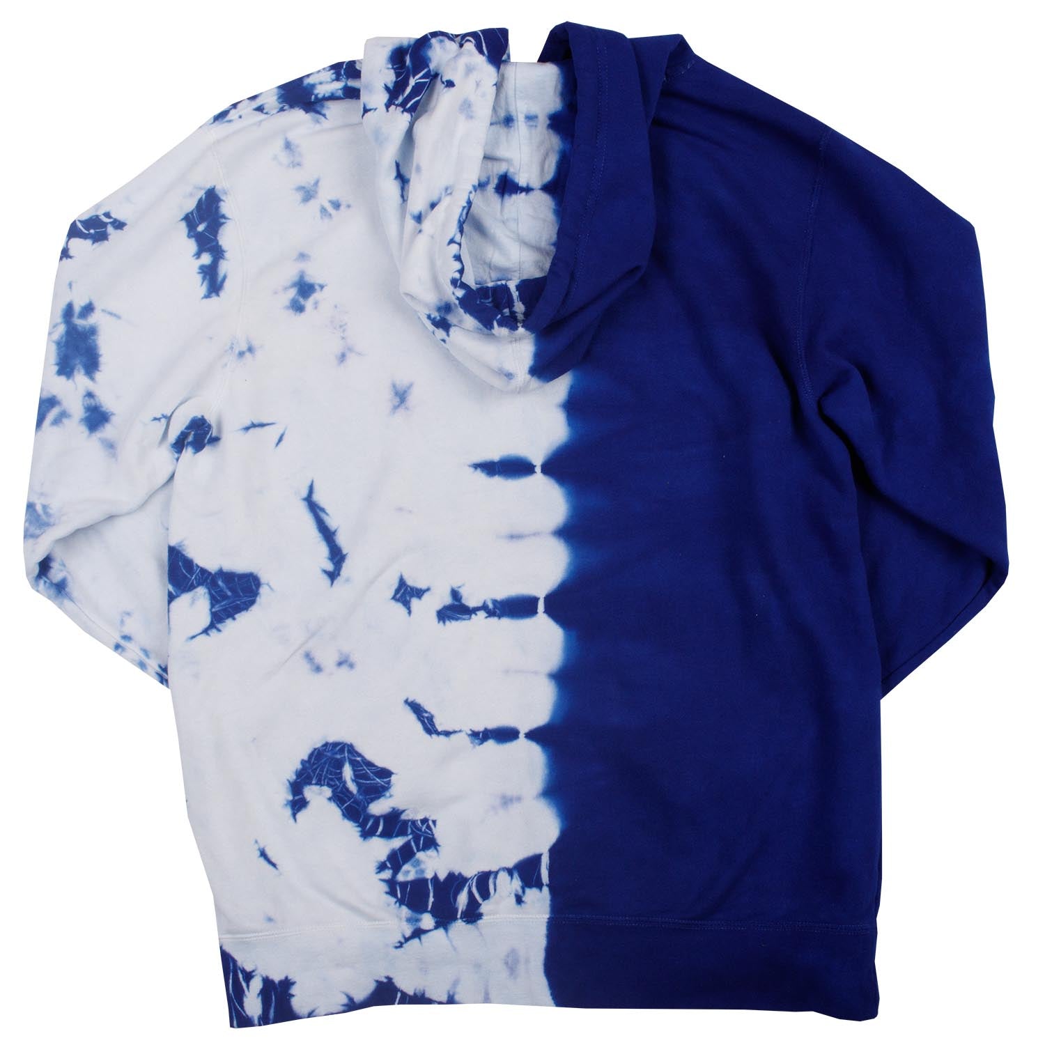 Blank back photo of hoodie on asymmetrical half tie-dyed blue and white.