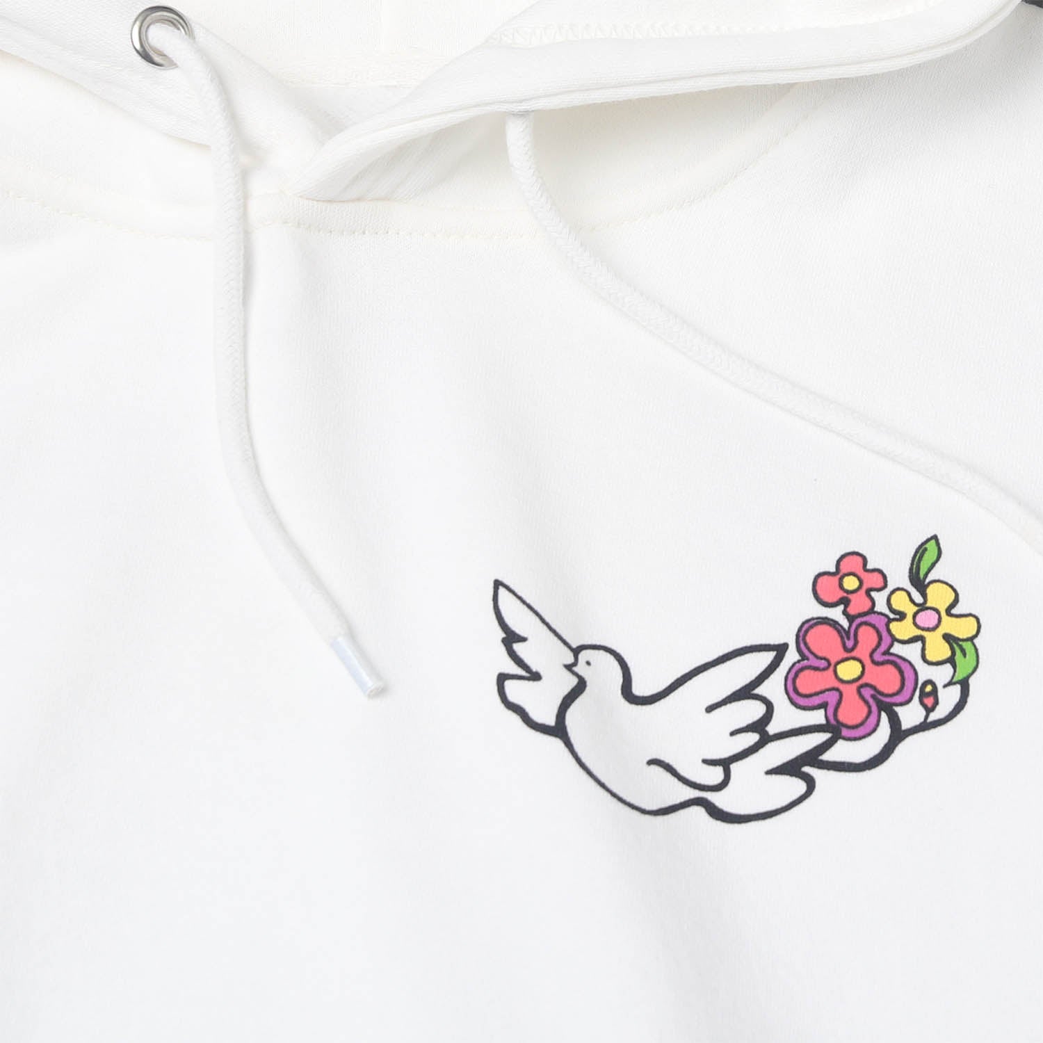 Front detail shot of white hoodie with an illustration of dove and flowers graphic on upper right chest