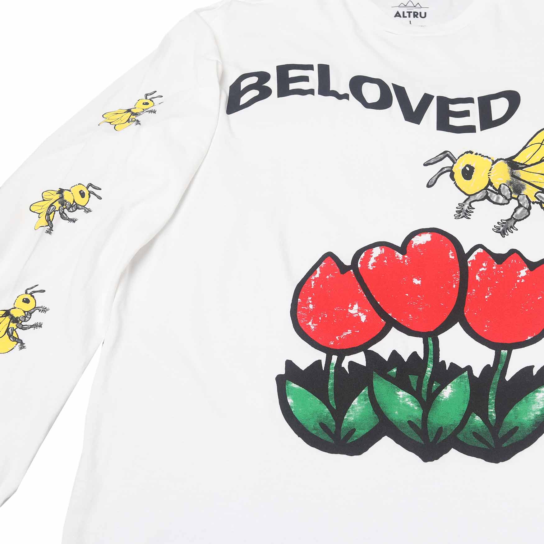 Beloved Tulips Bee L/S T-shirt graphic on front & right sleeve