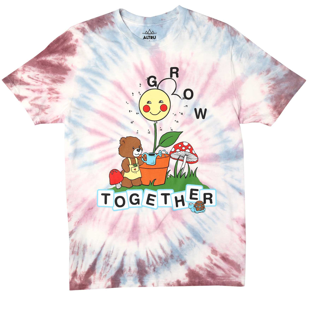 Front of tie dye tee with graphic of a teddy bear garden with mushrooms