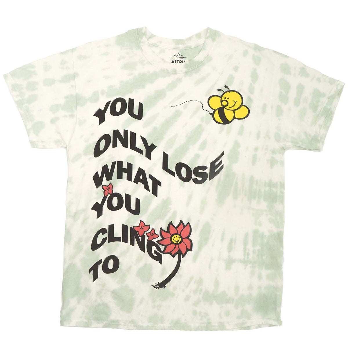 Only Lose What You Cling To Men&#39;s tee. Green and white tie dye with graphic of bee and flower and motivational text screen printed on front. Front full photo.