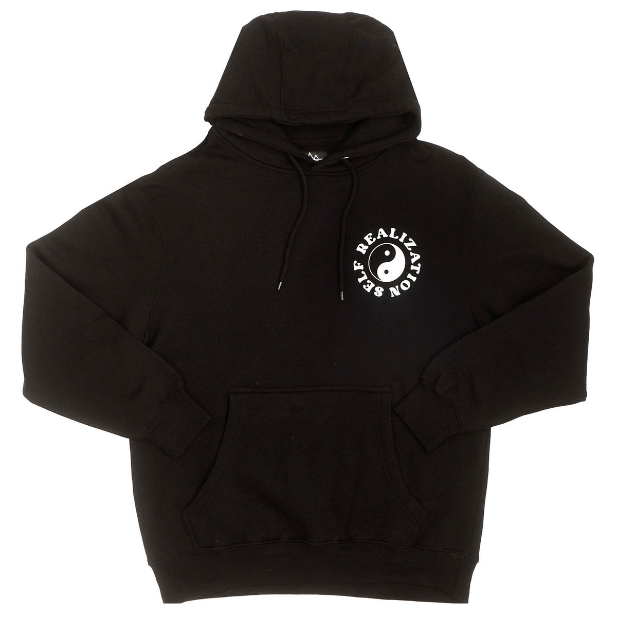 men&#39;s graphic black fleece hoodie with yin yang symbols , yoga positions and mental health positive text printed on front and back. Full front photo.