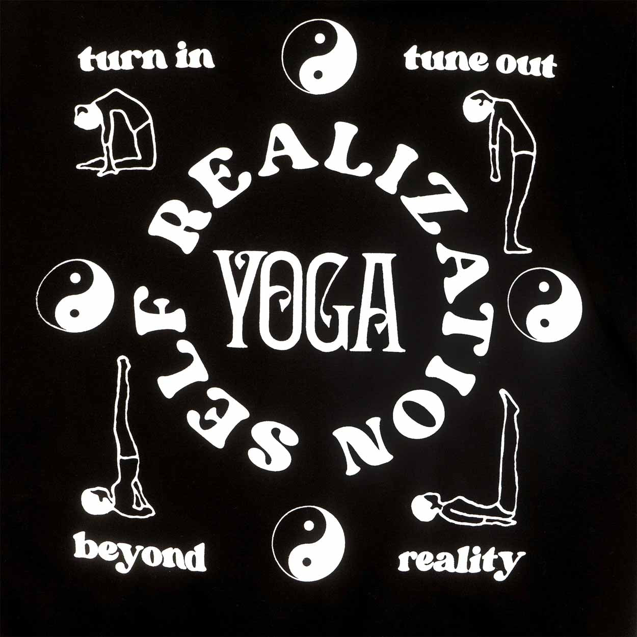 men's graphic black fleece hoodie with yin yang symbols , yoga positions and mental health positive text printed on front and back. Detail back photo.