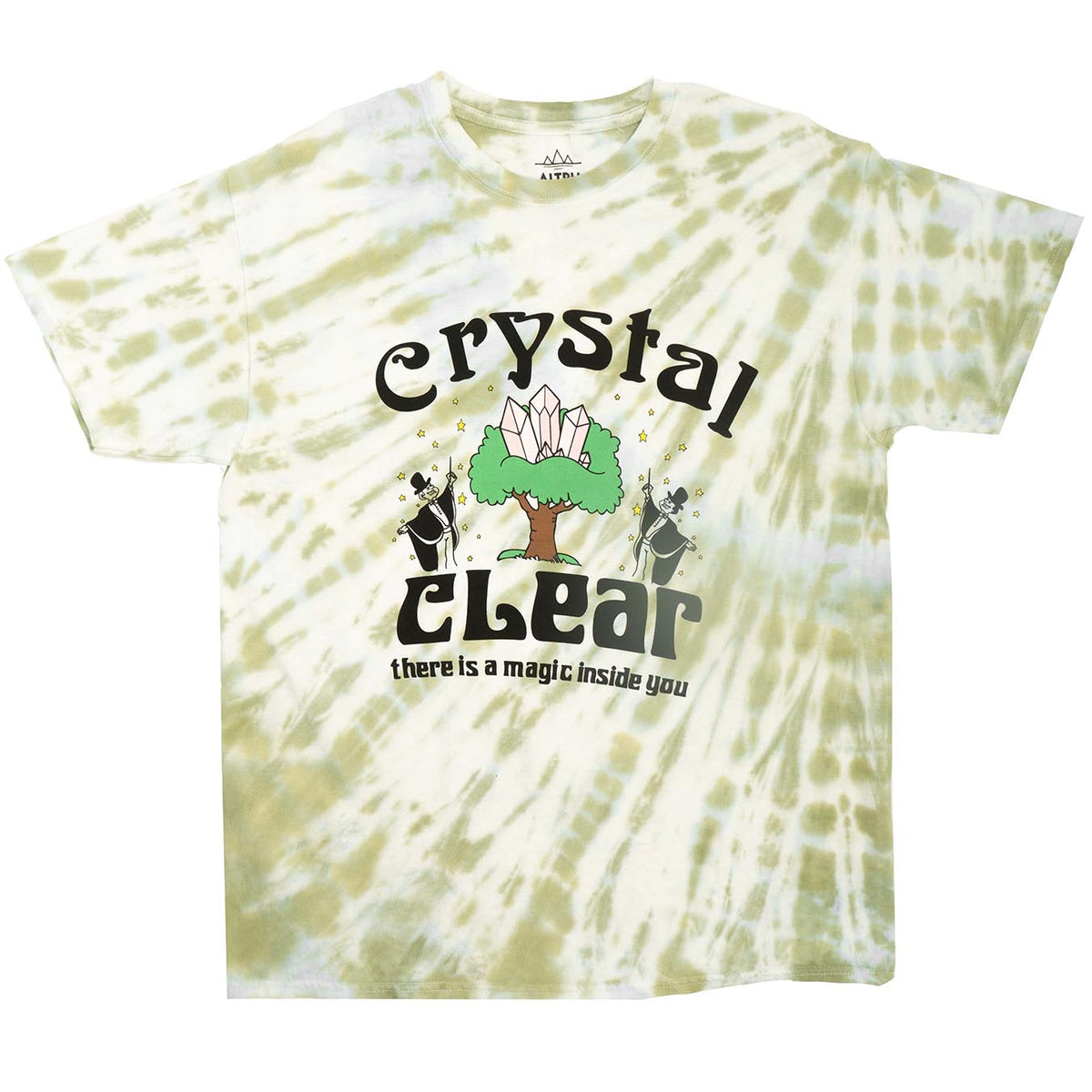 Green and white tie dye with graphic of crystals, tree, magician and motivational text screen printed on front of men&#39;s graphic tee. Full front photo.