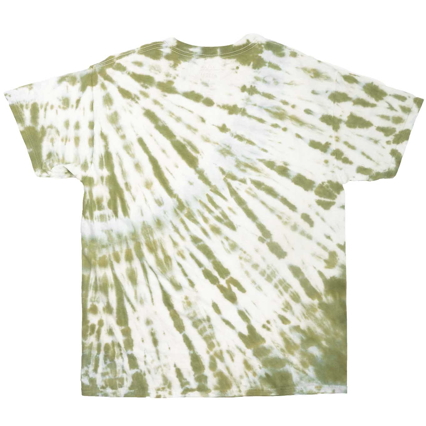 Green and white tie dye with graphic of crystals, tree, magician and motivational text screen printed on front of men's graphic tee. Back of shirt photo.