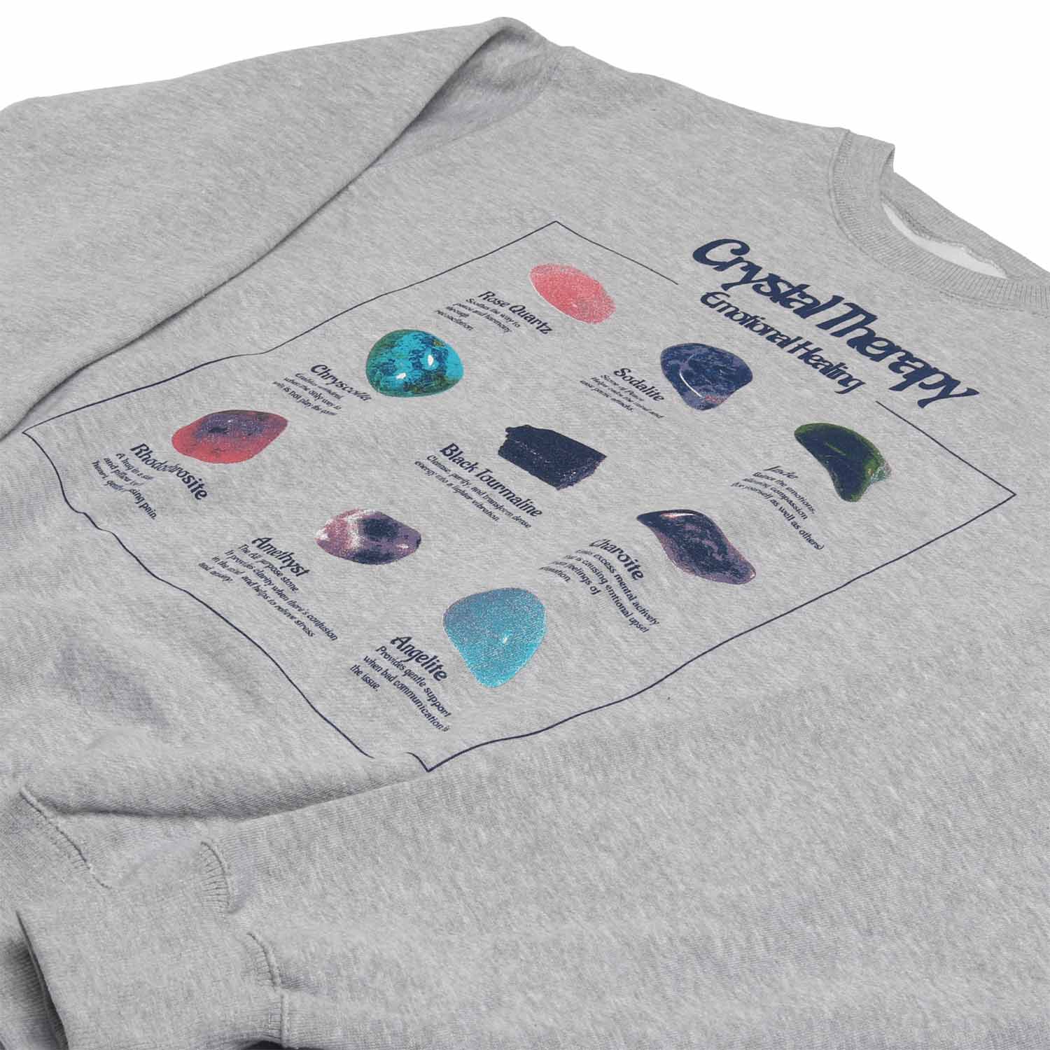 Crystal Therapy Stones graphic list printed on front of gray sweatshirt by altru apparel angel shot 2