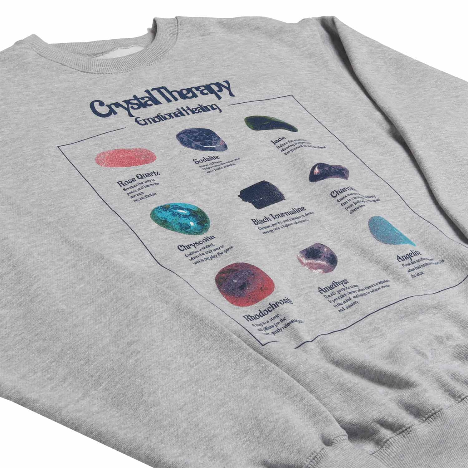 Crystal Therapy Stones graphic list printed on front of gray sweatshirt by altru apparel angel shot 1