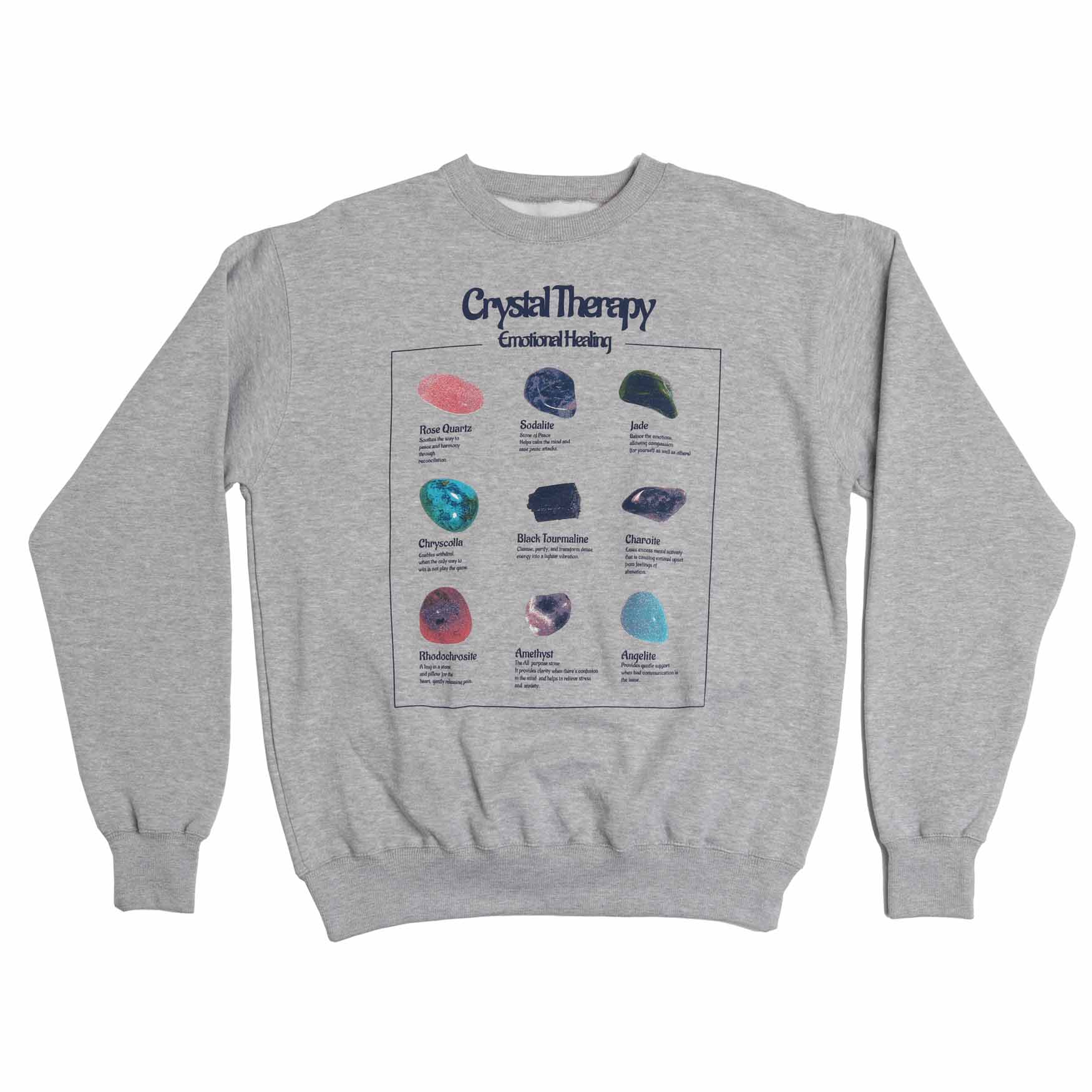 Crystal Therapy Stones graphic list printed on front of gray sweatshirt by altru apparel front