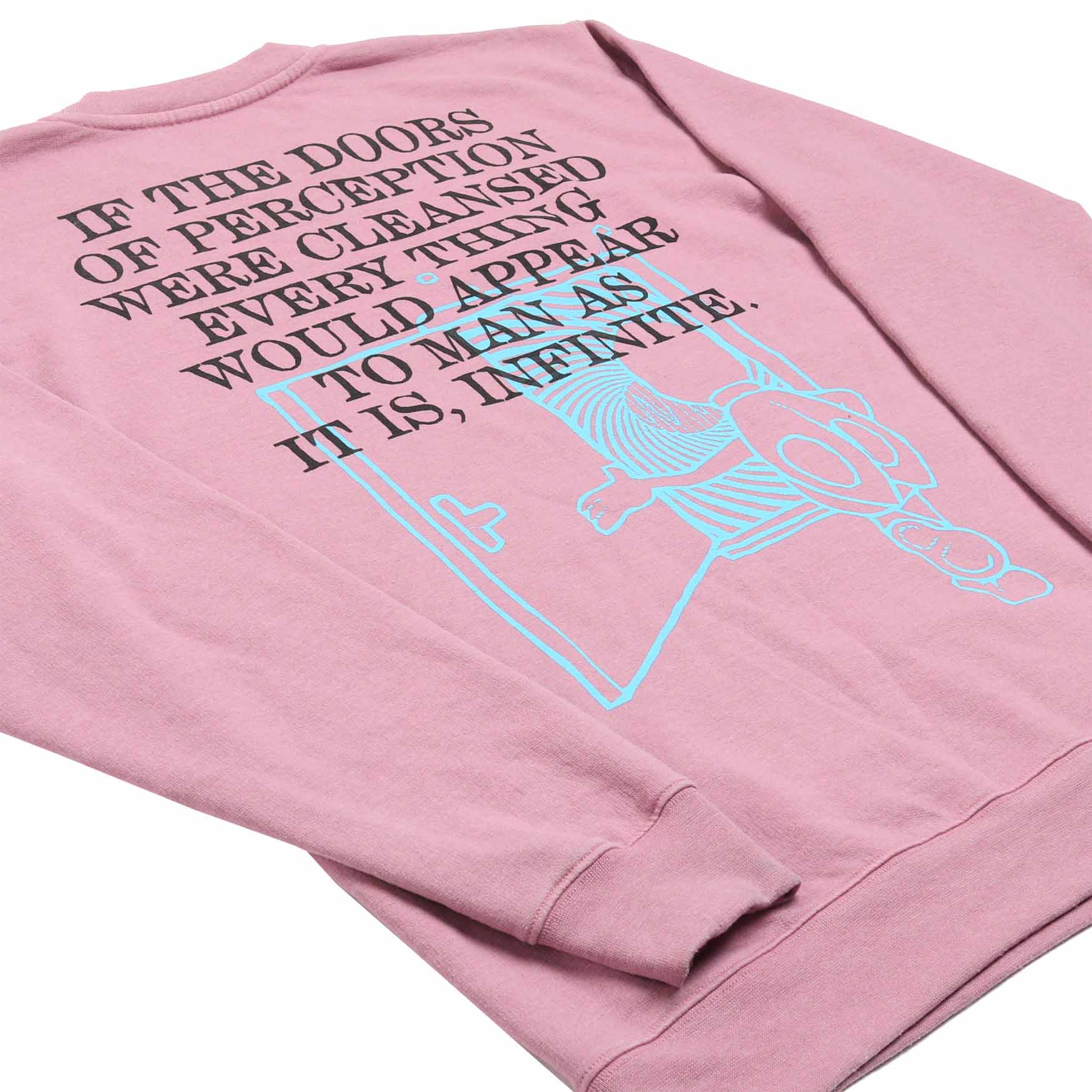 up close detail 5 of Altru mens pink fleece sweatshirt with a skeleton riding a bicycle graphic on front and the text "If the doors of perception were cleansed every thing would appear to man as it is, infinite."  printed on the back.