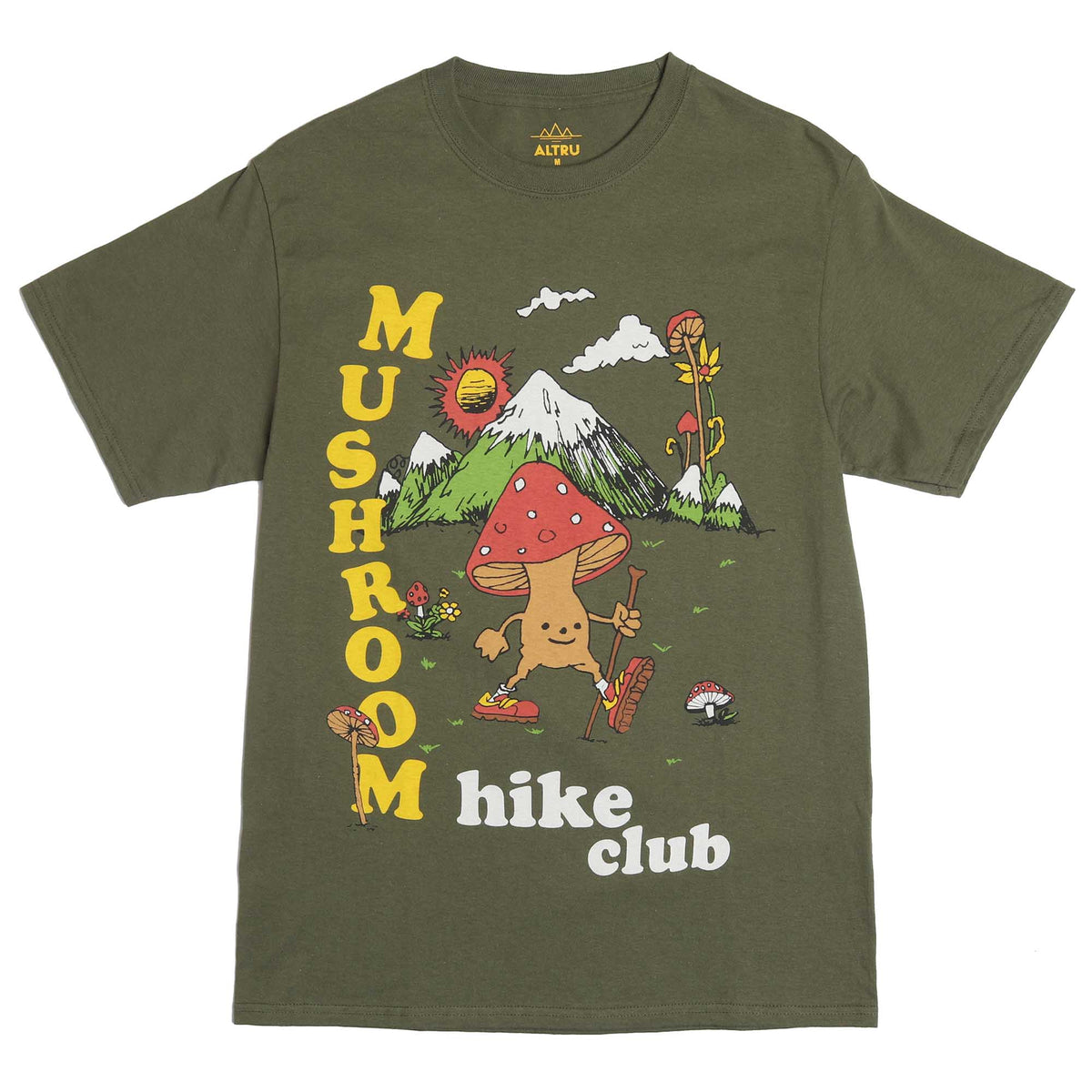 Altru Apparel Men&#39;s cotton tee green with mushroom graphics on front