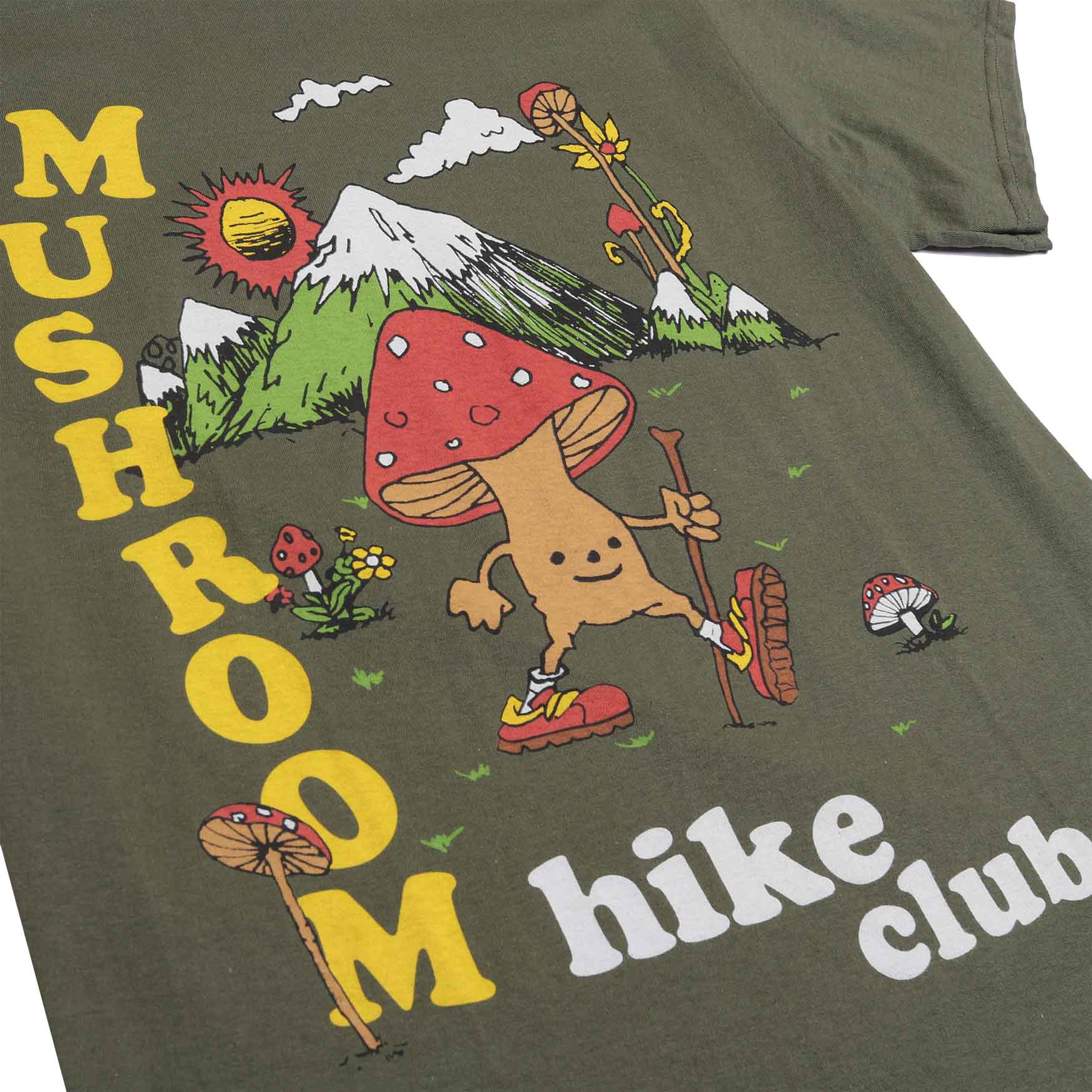 Altru Apparel Men's cotton tee green with mushroom graphics on front with mushrooms, mountains and cute graphics