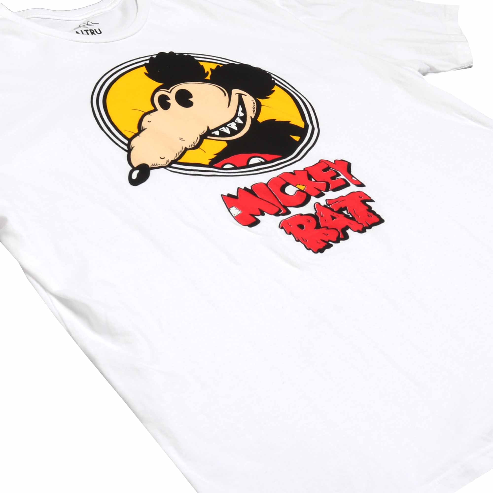 Altru Apparel Mickey Rat classic spotlight pose on white graphic tee by Robert Armstong. T-shirts angle left full front photo