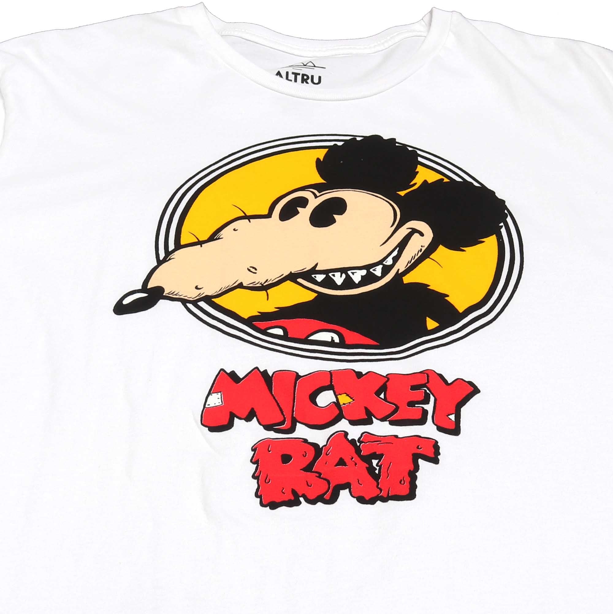 Altru Apparel Mickey Rat classic spotlight pose on white graphic tee by Robert Armstong. T-shirts Full front photo 2nd closeup of graphic