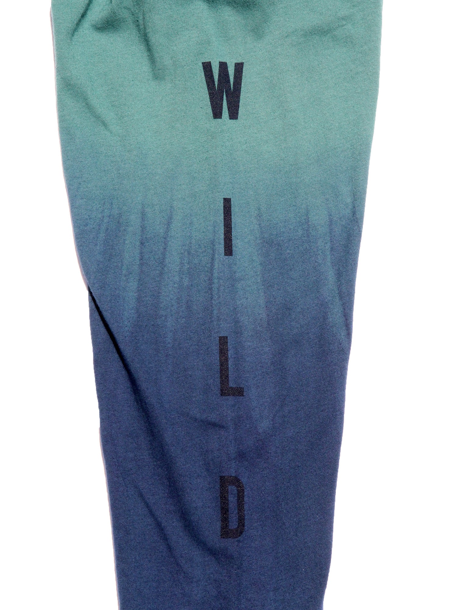 Close up detail image of the graphic text on the left sleeve with the word WILD