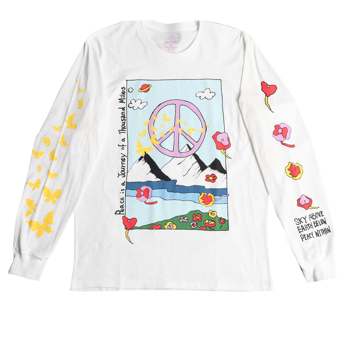 Full front photo of &quot;Peace is a Journey&quot; graphic that includes mountains, flowers, butterflies, space, lake, peace sign and the sky. Graphics are printed on front and sleeves