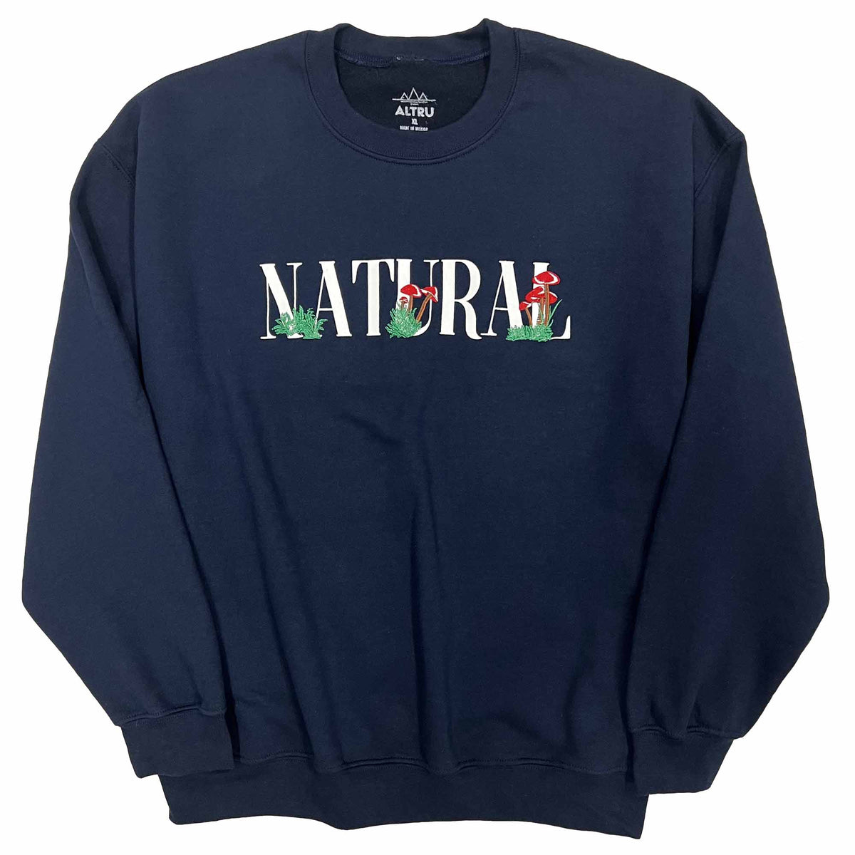 Embroidered Mushrooms Navy Fleece Crewneck Sweatshirt