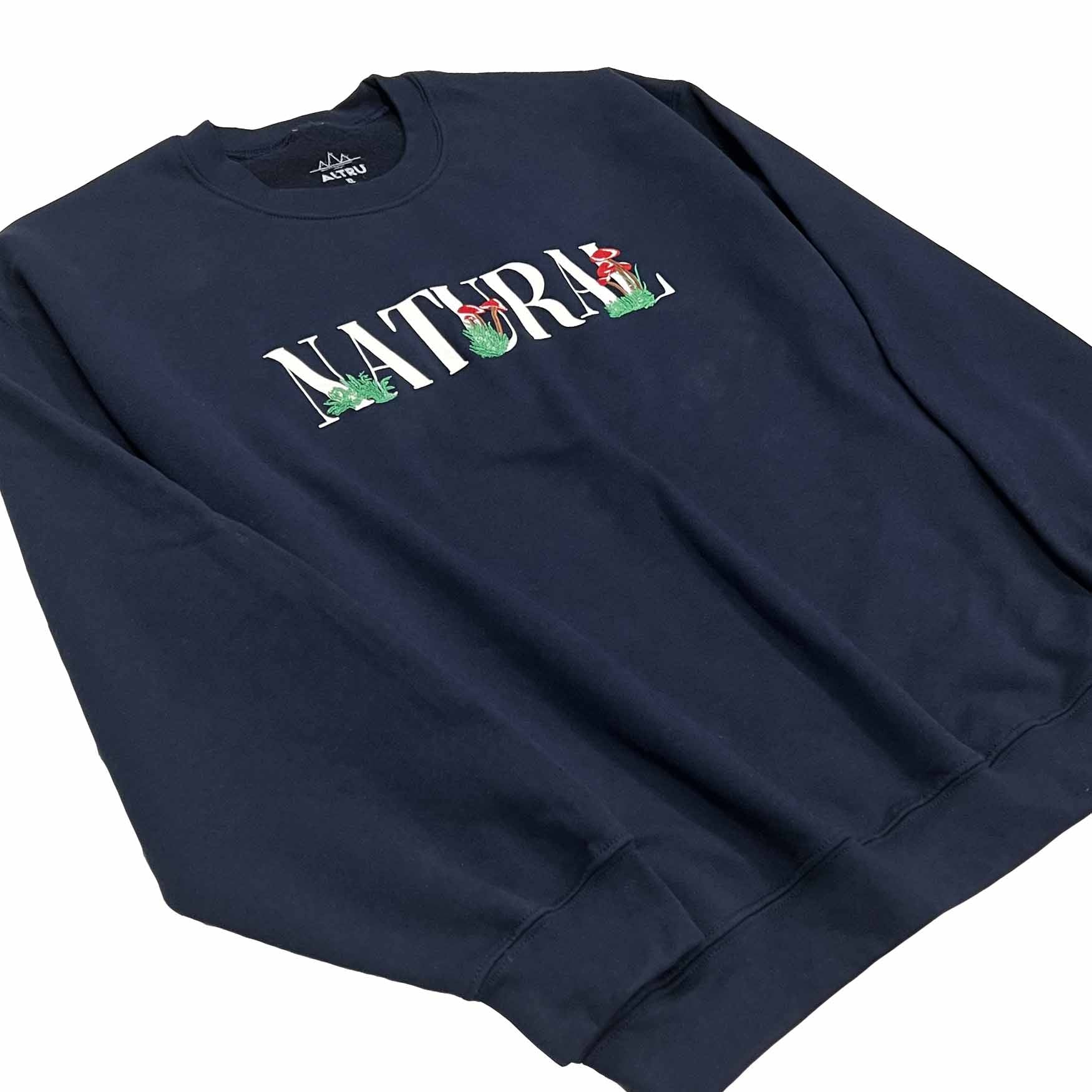 Embroidered Mushrooms Navy Fleece Crewneck Sweatshirt