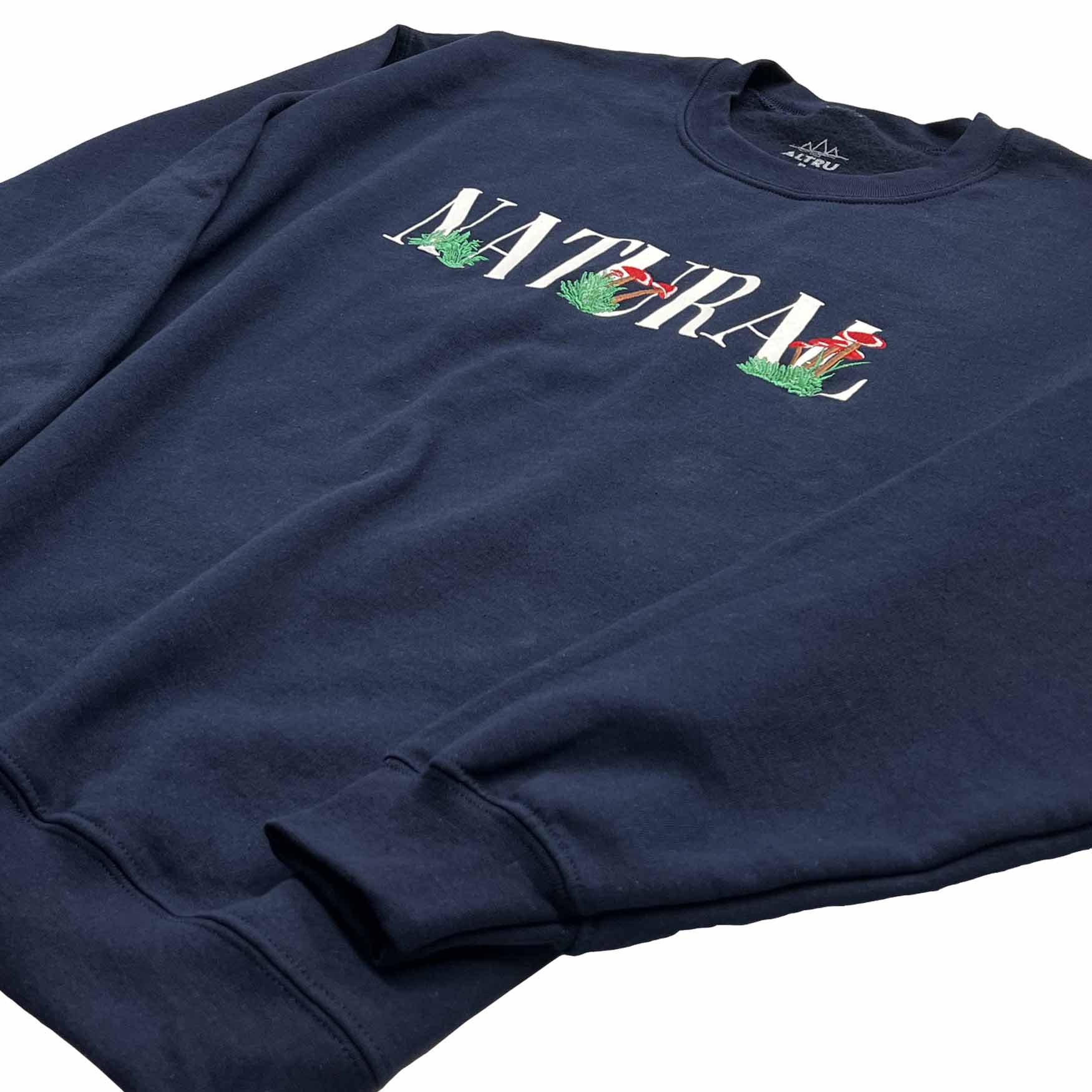 Embroidered Mushrooms Navy Fleece Crewneck Sweatshirt